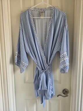 In Bloom by Jonquil Abby Stripe Print Robe Light Blue White Eyelet Lace Trim XL